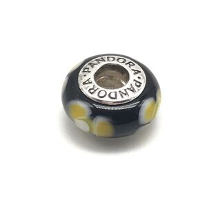 Pandora Black Yellow Flowers Floral Murano Glass Bead Charm